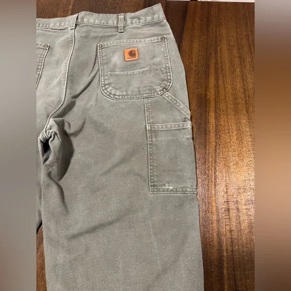 Carhartt Men’s 36X32 Loose Fit Gray Double Knee Canvas Work Pants Distressed